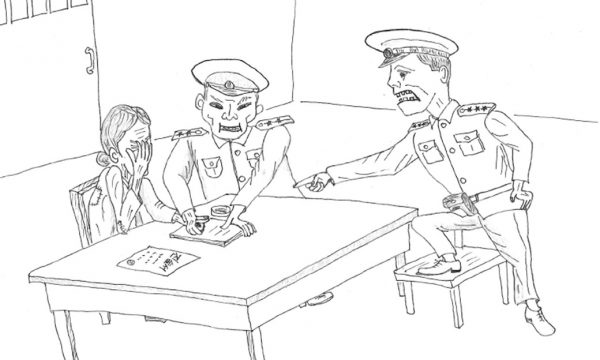 Illustration of a North Korean prison camp interrogation. Drawing by Young Jung.