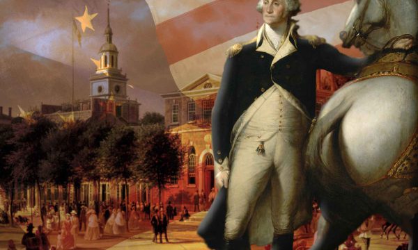 Composite image of Independence Hall, the American Flag, and George Washington